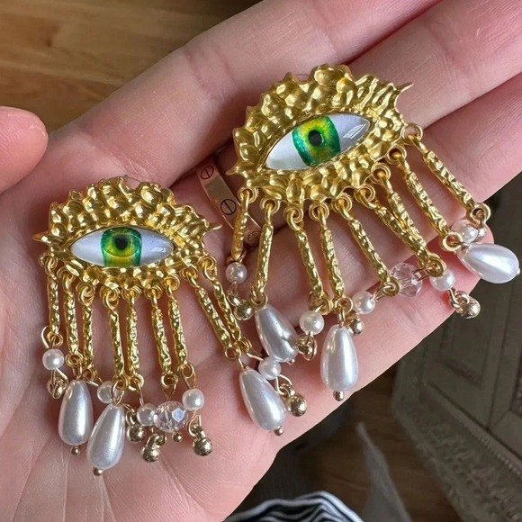 Maison Green Evil Eye Protection Pearl Dangle Earrings - Picture 6 of 12